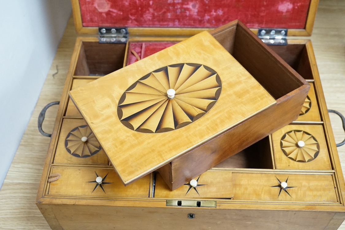 A 19th century paterae inlaid satinwood writing box, 39cm wide. CITES Submission reference ASNPNB4A. Condition - fair.
